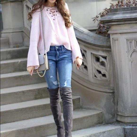 BLVD LaceUp V Neck Chunky Knit Relaxed Sweater NWT - Picture 5 of 15